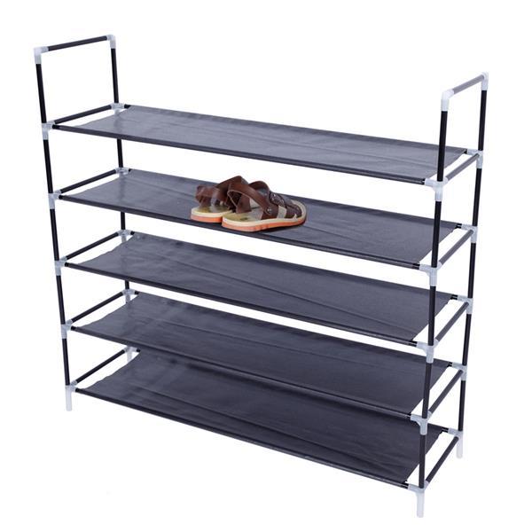 Simple Assembly 5 Tiers Non-woven Fabric Shoe Rack With Handle Black