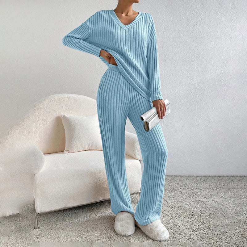 Women's 2-Piece Set Solid Color V-Neck Long Sleeve Top & Straight Leg Pants, Ribbed Texture Outfit For Fall&Winter