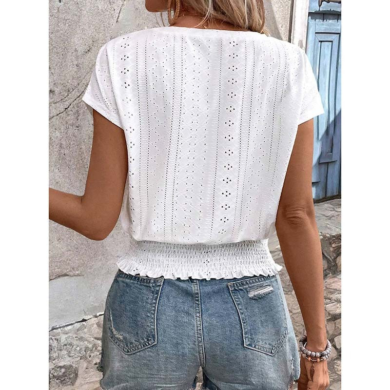 Women Summer Eyelet Top Casual V Neck Short Sleeve Smocked Shirts Loose Tunic Tops Blouses