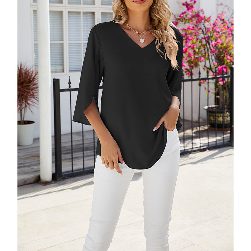 Women's Chiffon Blouses 3 4 Sleeve Summer Dressy Tunic Tops Casual Loose V Neck T-Shirts