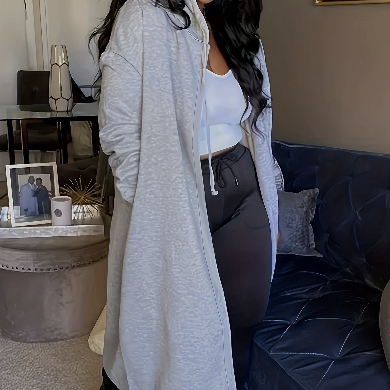 Women's Solid Color Hooded Fashionable Long Hoodie Jacket