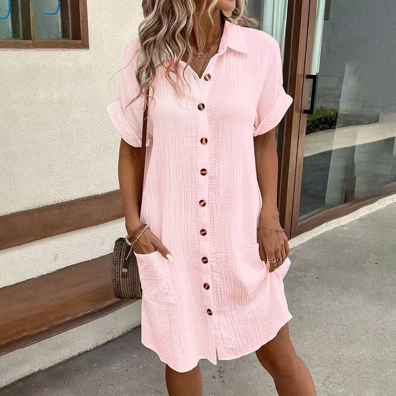 Women's Dress Summer Casual Collar Button Down Short Sleeve Tunic Shirt Dress With Pockets