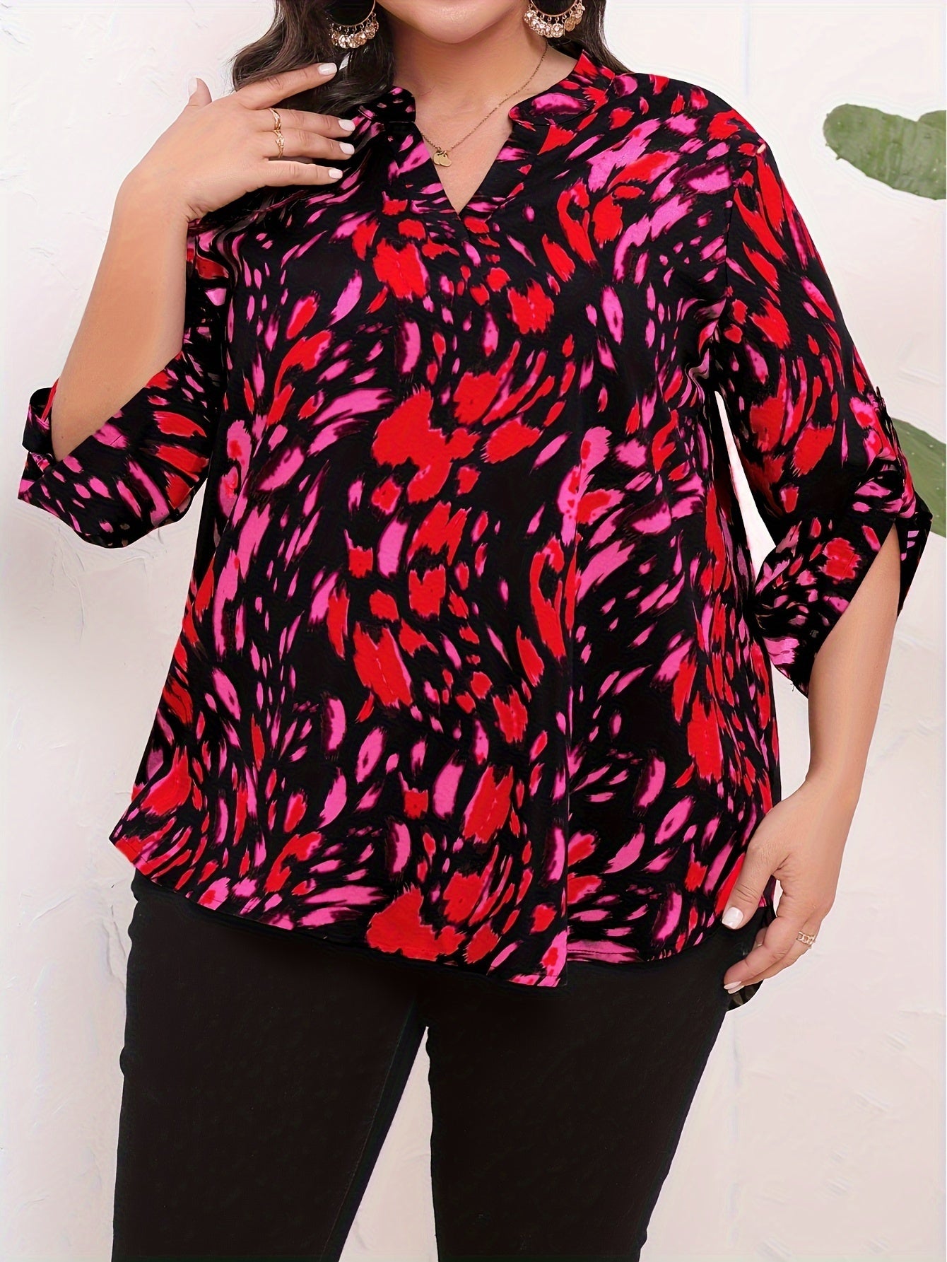 Women's Plus Size Fashion Print Summer Casual Elbow Sleeve Outgoing Top