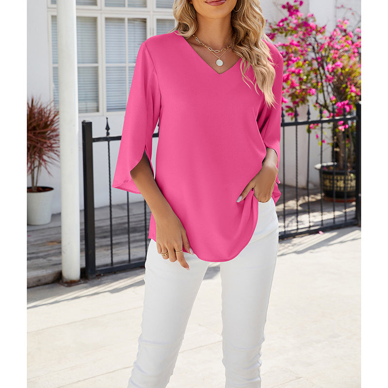 Women's Chiffon Blouses 3 4 Sleeve Summer Dressy Tunic Tops Casual Loose V Neck T-Shirts