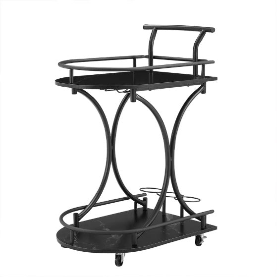 2-Tier Bar Cart,Black Wine Cart With Wine Rack & Glass Holder,Mobile Bar Serving Cart,for Party,Home,Rolling Drink Trolley For Living Room