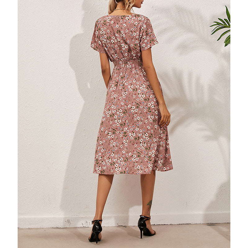 Womens Summer Dresses Boho V Neck Floral Print Short Sleeve Mini Dress Cute Smocked Waist Short Dress