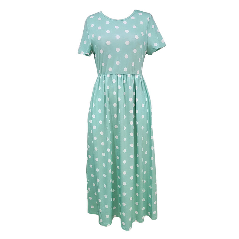 Women's Summer Short Sleeve Polka Dot Print Long Dresses Casual Beach Sundress With Pockets