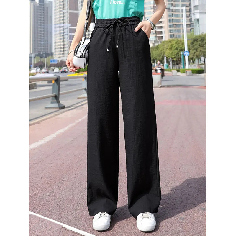 Women's Casual Pants Drawstring Elastic Waist Pants Flowy Wide Leg Trousers With Pockets