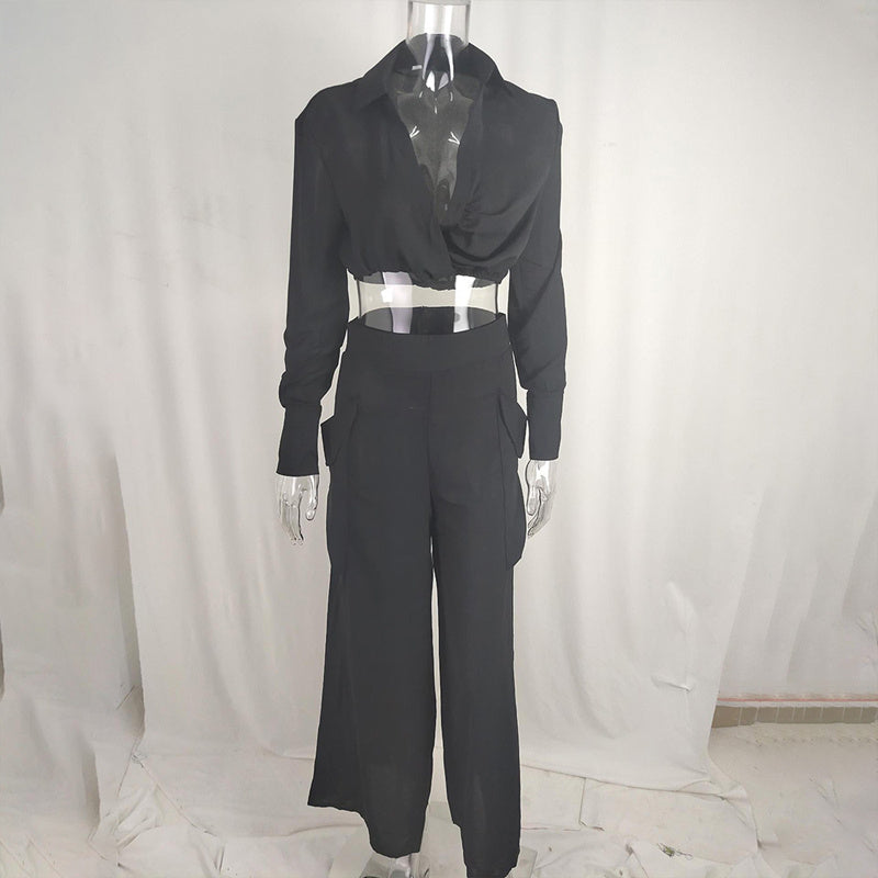 Women's Plus Size Elegant Pant Set - Crisscross Detail Top & Wide Leg Pants With Pockets Office & Casual Outfit