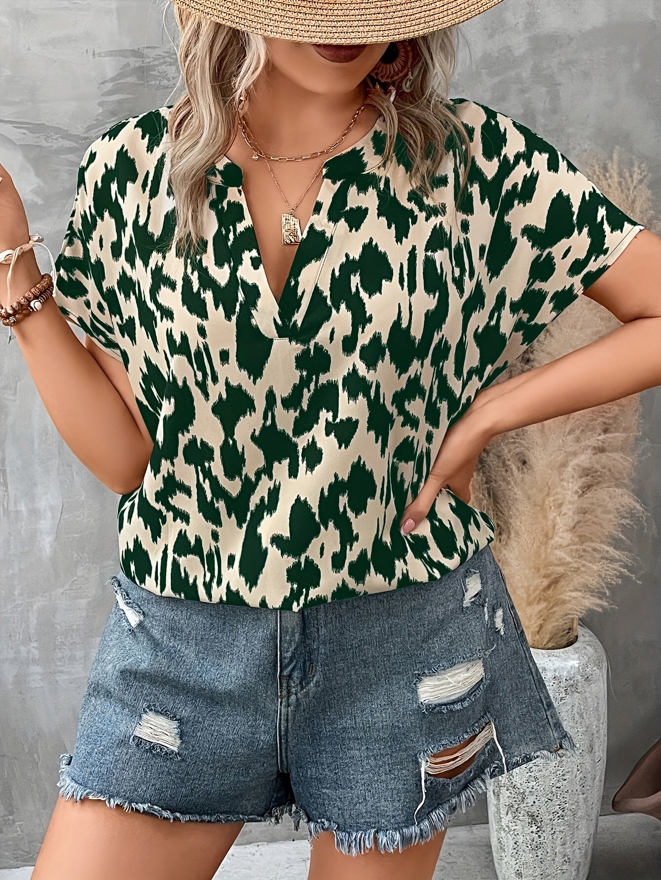 Women's Plus Size Printed Blouse - Summer Casual V-Neck Top For Work & Outings