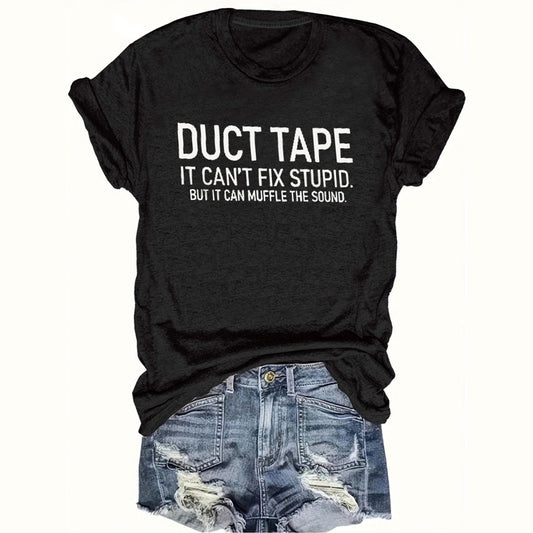 Women's Black Round Neck Slogan Print T-Shirt - Casual Short Sleeve Tee