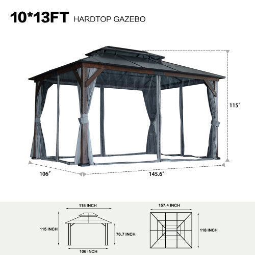 10' X 13' Hardtop Wood Gazebo For Patios, Outdoor Framed Gazebo With Polycarbonate Double Roof Canopy, Solid Wooden Framed Gazebo With Privacy Curtains And Mosquito Nettings For Garden, Backyard