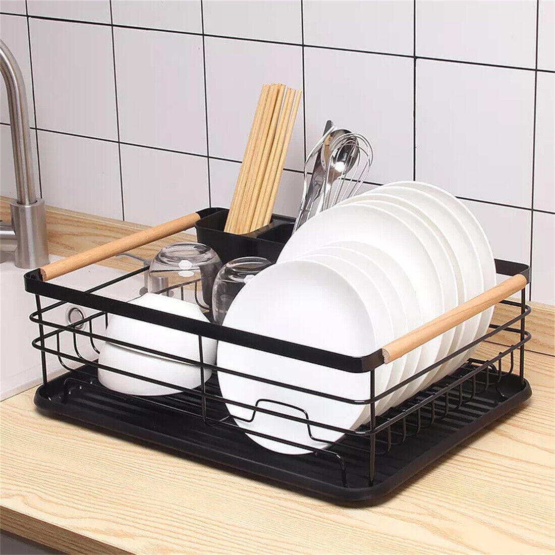 Black Large Dish Drainer Rack With Drip Tray Cutlery Holder Plate Kitchen SinK