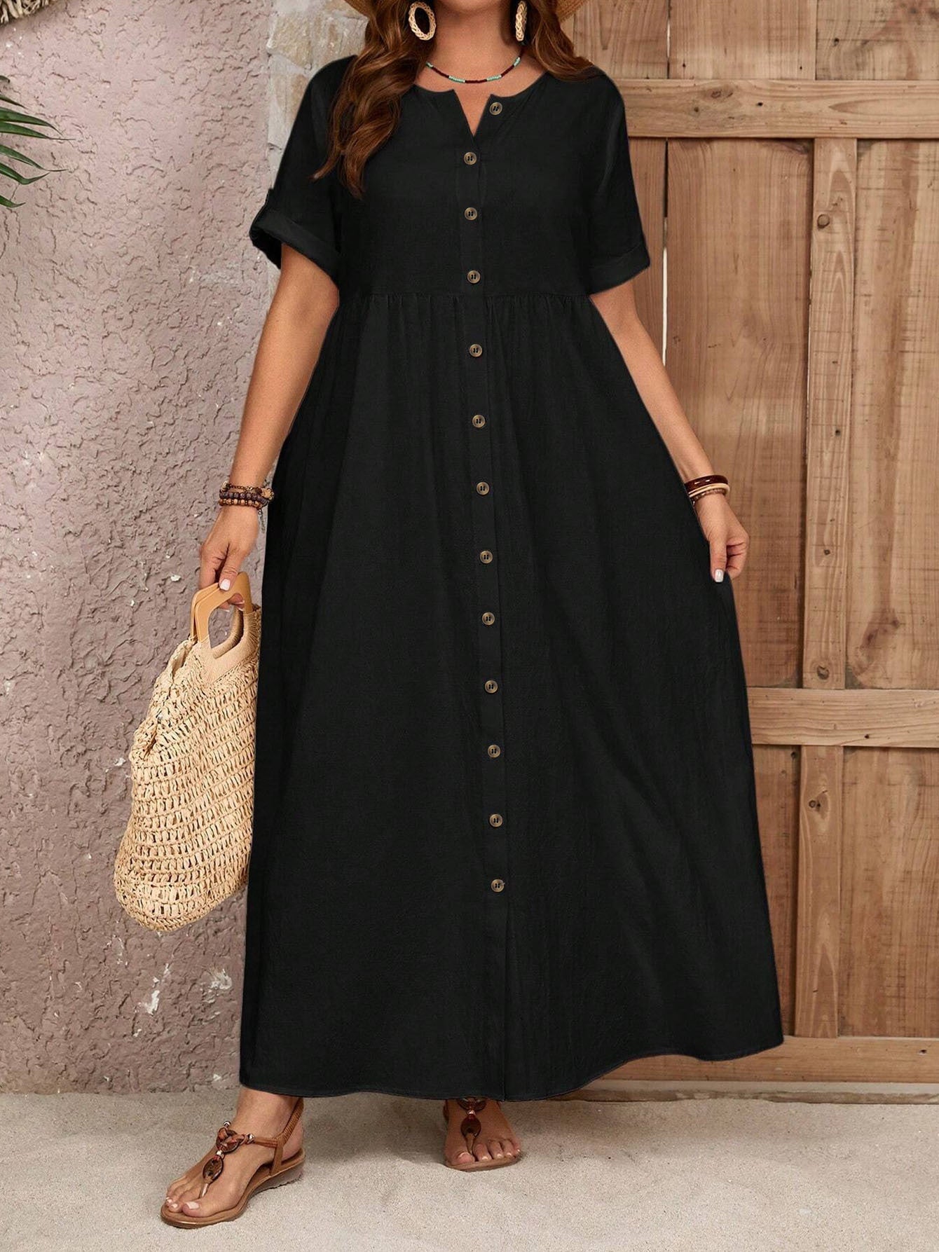 Women's Plus Size Button-Down Maxi Dress - Casual Summer Short-Sleeve Flowy Dress With Pockets