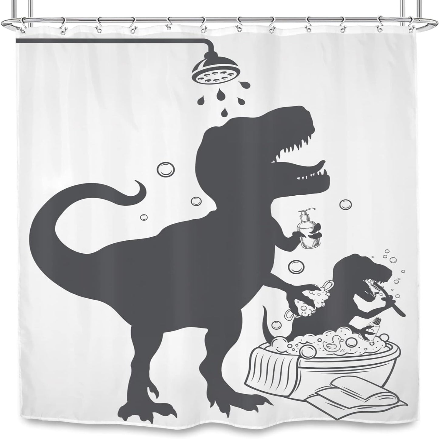 1pc Dinosaur Bath Silhouette Printed Shower Curtain, Waterproof Bathroom Shower Curtain With Hooks, Bathroom Accessories, Room Decor