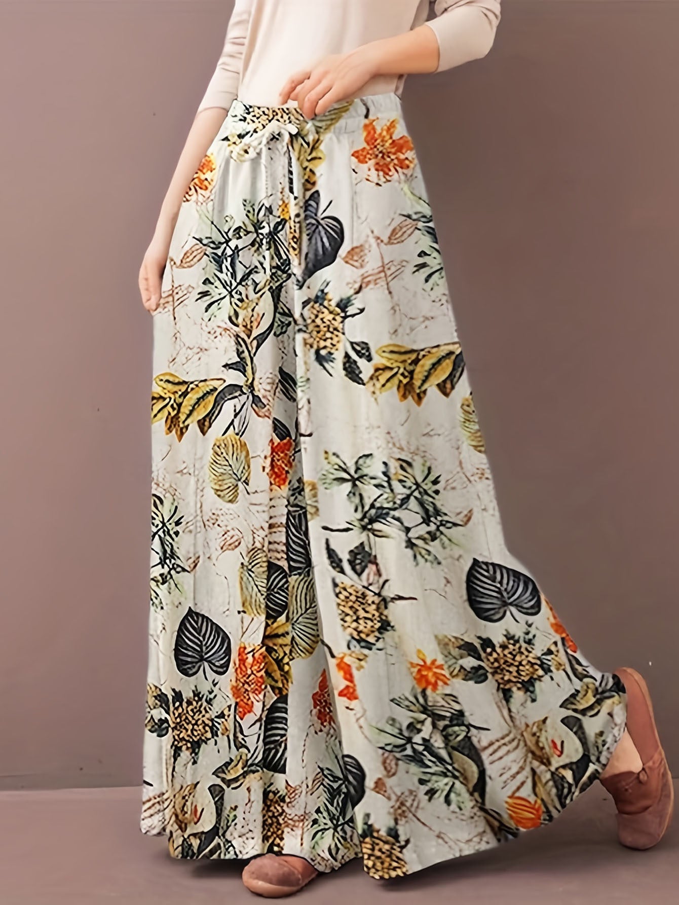Plus Size Botanical Print Tie Women'S Casual Waisted Loose Wide Leg Pants