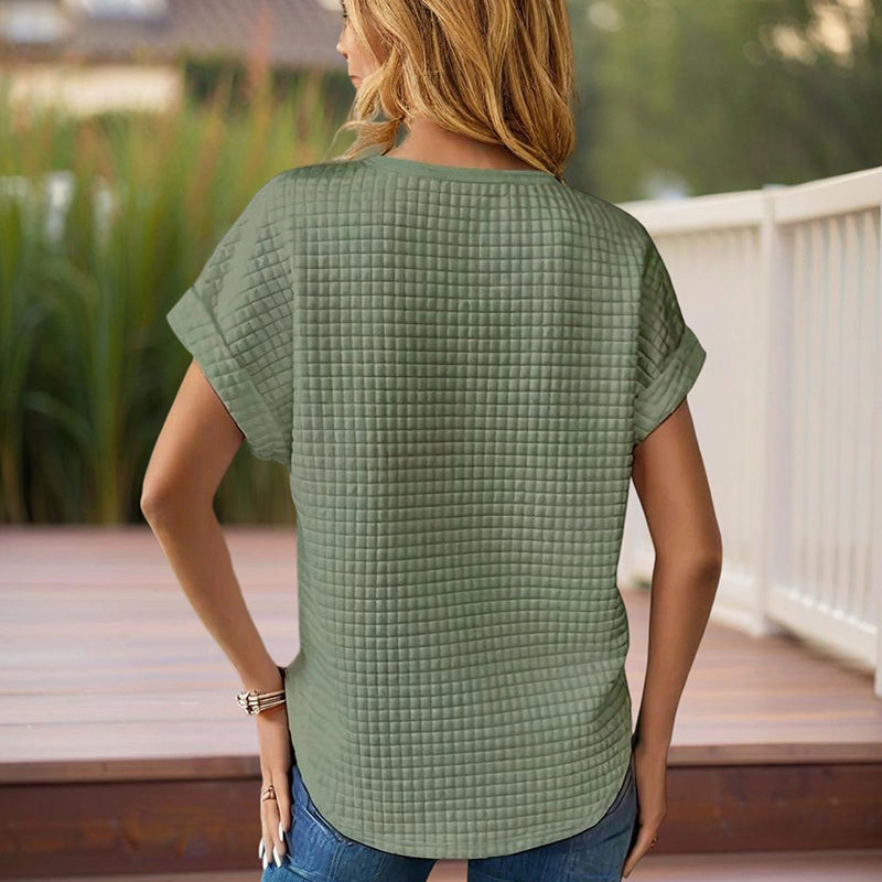 Women's Solid Color Round Neck Short Sleeve Top - Textured Cuff Detail Comfortable Summer Casual Tee
