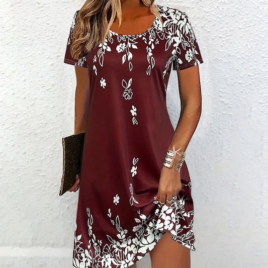 Women's Summer Boho Dress Vintage Floral Print Short Sleeve T-Shirt Sundress Beach Casual Dress
