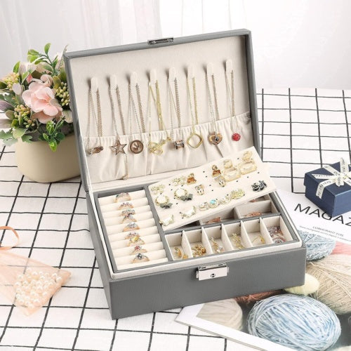 2 Layer Grey Jewellery Box Organizer Rings Necklaces Jewellry Storage Case Box