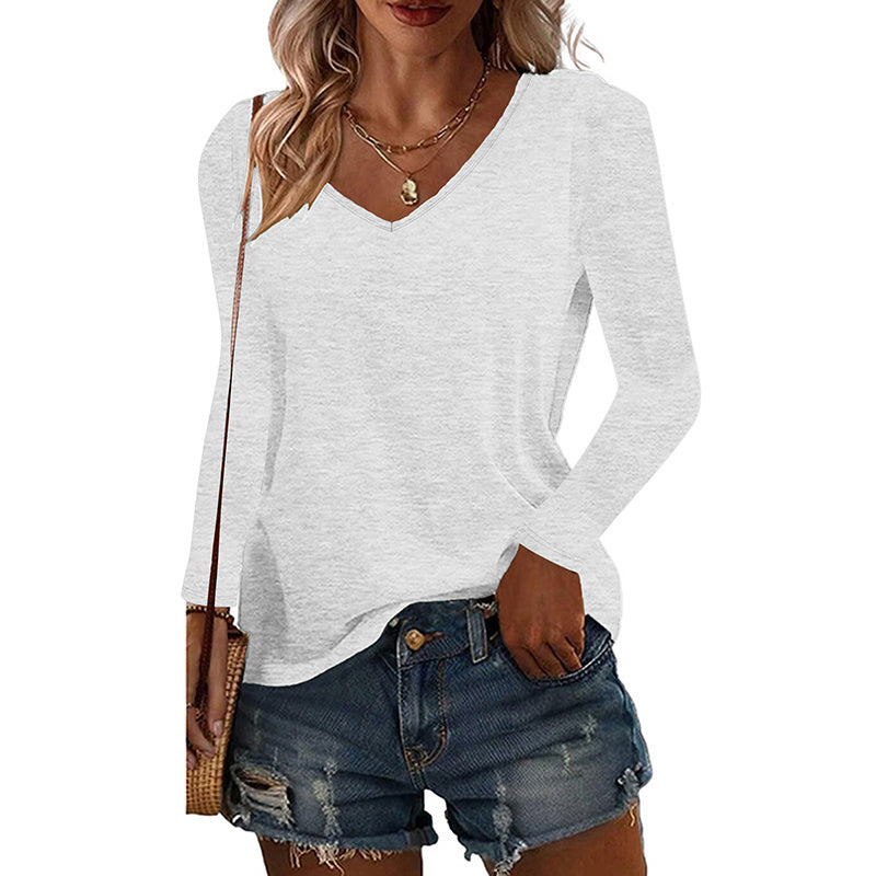6 Pack Women's Long Sleeve T-Shirts, Loose Fit V Neck Tunic Tops Casual Solid Basic Tee Shirts