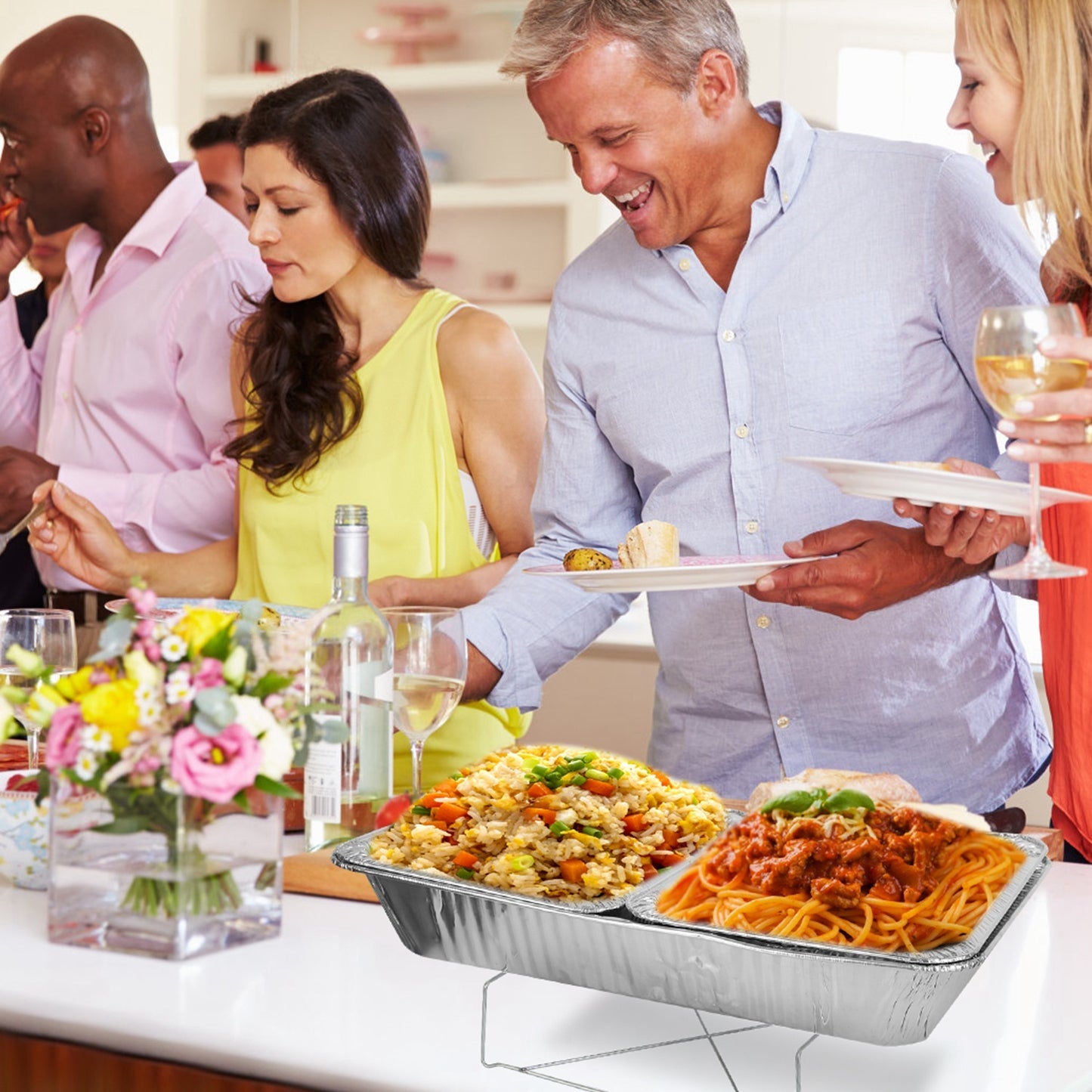 42Pcs Serve 6 Guests Disposable Chafing Dish Buffet Set Chafing Servers With Covers Spoons Forks Tongs Full-Size Pans Food Warmers For Parties Events Catering Supplies With Utensils And Lids