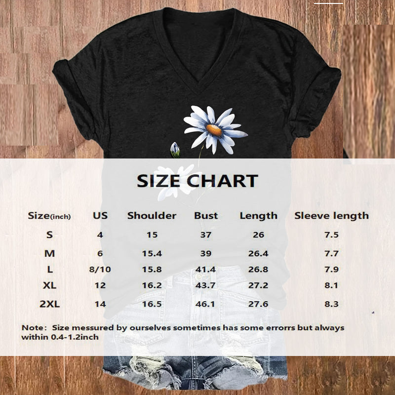 Women's Daisy Print V-Neck Short Sleeve Tee - Summer Casual T-Shirt