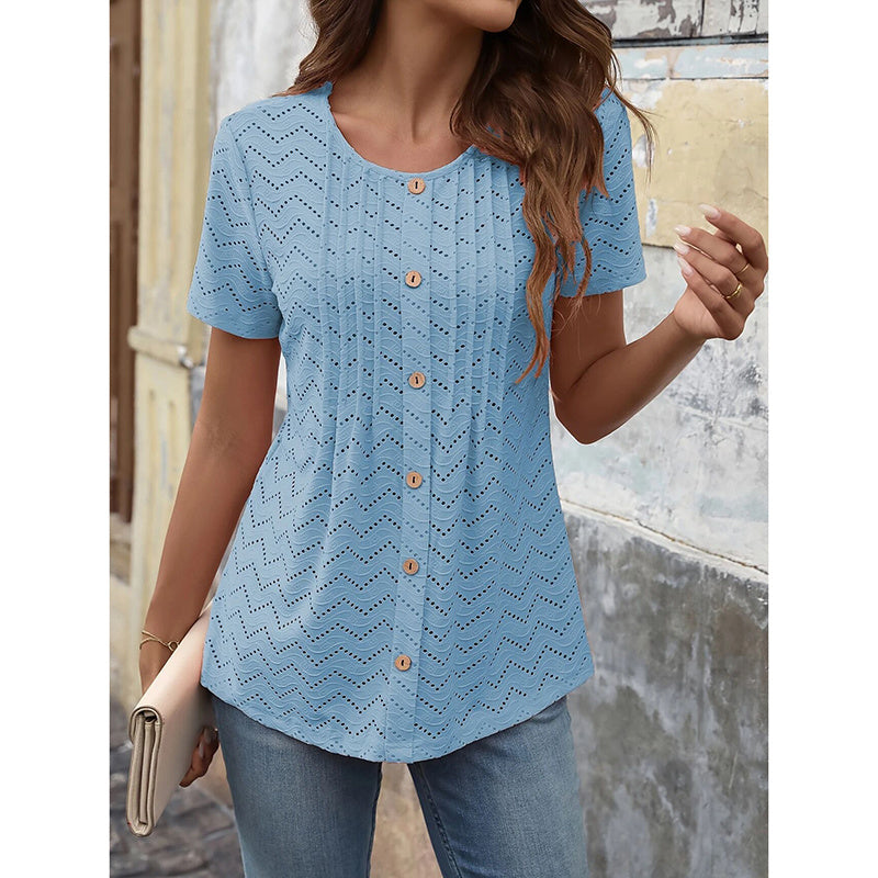 Women's Summer Pleated Button Short Sleeve T-Shirt Summer Crew Neck Solid Color Casual Top