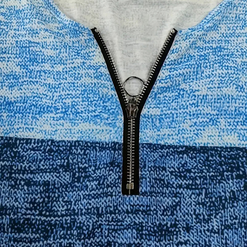 Women's Geometric Color Block V-Neck Zip Detail Long Sleeve T-Shirt - Spring&Fall Casual Slim Fit Top