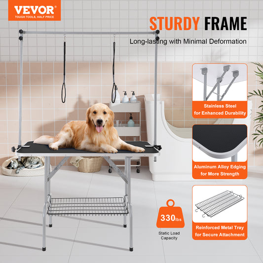 VEVOR Pet Grooming Table Two Arms With Clamp, 46'' Dog Grooming Station, Foldable Pets Grooming Stand For Medium And Small Dogs, Free No Sit Haunch Holder With Grooming Loop, Bearing 330lbs