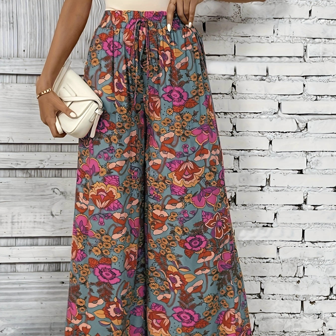 Ladies' Floral Printed Waistband Design, Wide Leg Pants, Long Pants