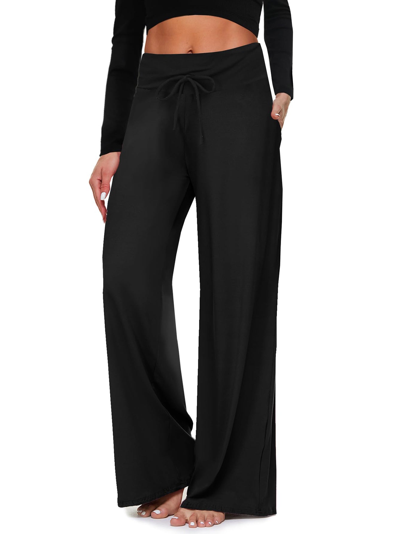 Wide-leg Pants - Cropped Solid Black
