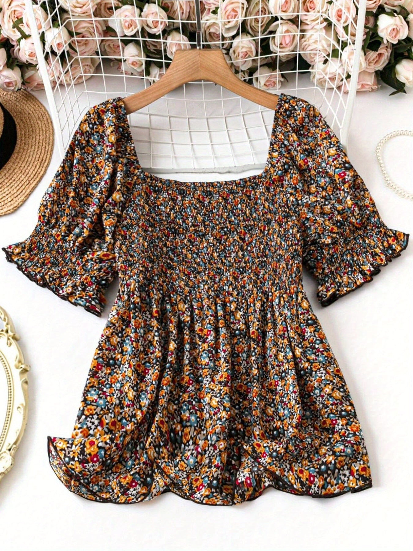 Women's Plus Size Elegant Shirred All-Over Print Blouse - Summer Stylish Square Neck Work Top