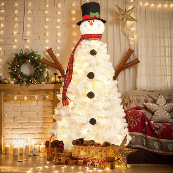 4FT Snowman Shaped Christmas Tree With Pre-Lit LED Lights, Holiday Decoration