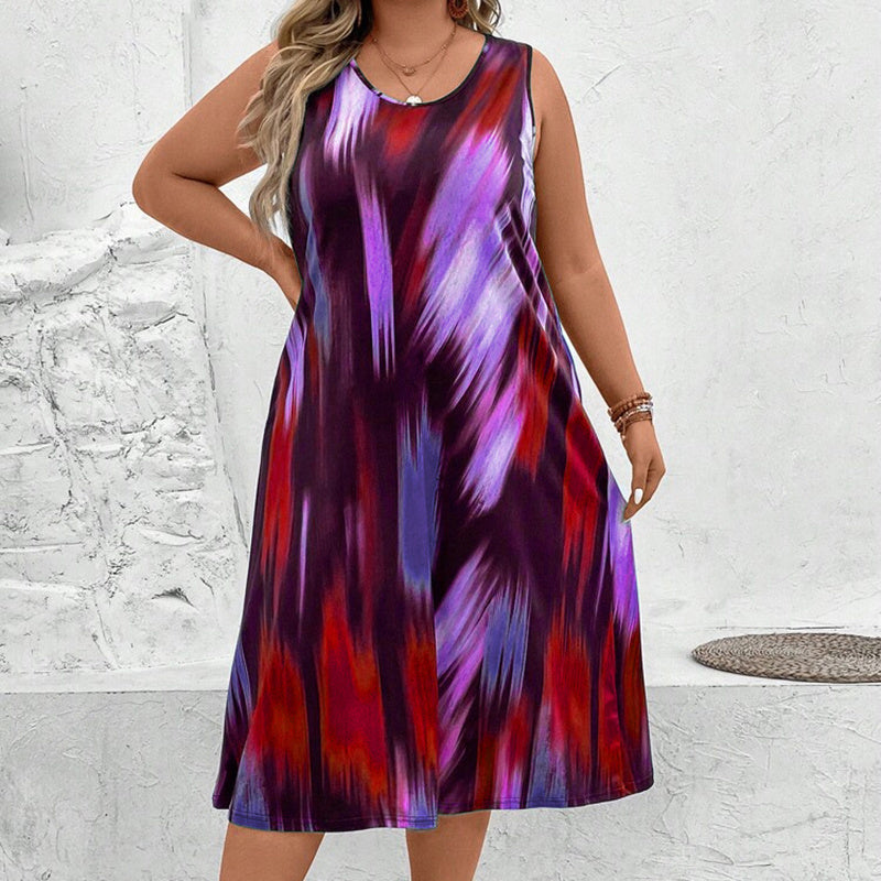 Women's Plus Size Round Neck Sleeveless Colours Print Maxi Dress - Loose Fit Long Summer Dress