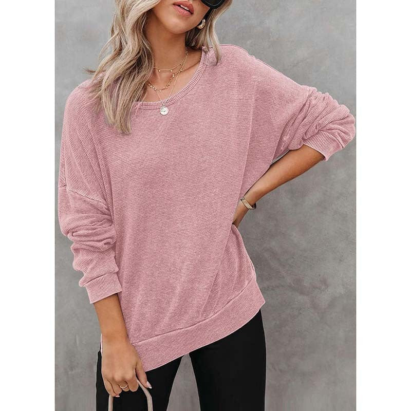 Womens Waffle Knit Crewneck Sweatshirts Long Sleeve Side Slits Casual Pullover Sweatshirt Tops