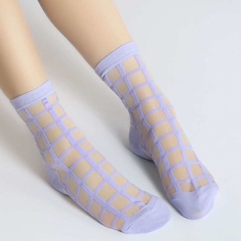 Fashion Thin Jacquard Short Stockings Cool Breathable Plaid Glass Stockings