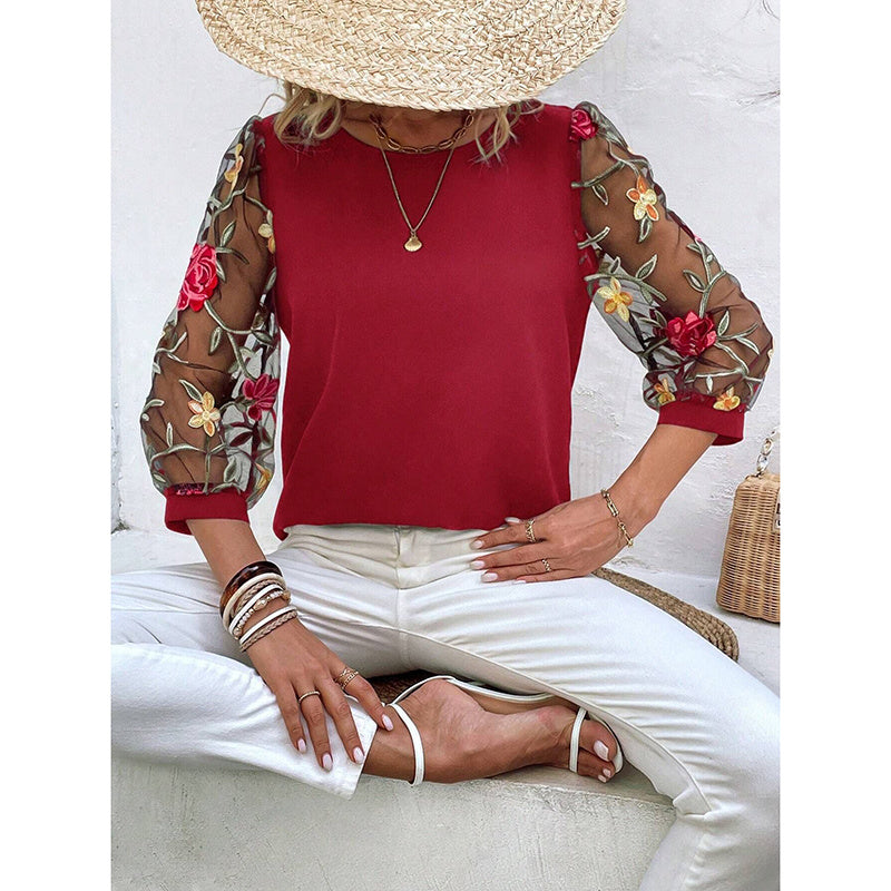 Women's Floral Embroidery Contrast Mesh Puff Sleeve Crew Neck Tee Shirt Tops