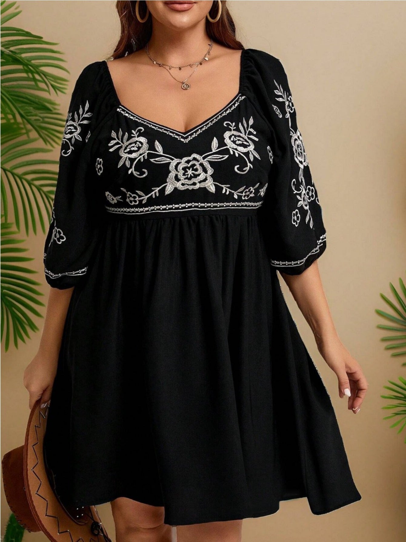 Women's Plus-size V-neck Embroidered Summer Casual Short Dress With Smocked Back Detailing