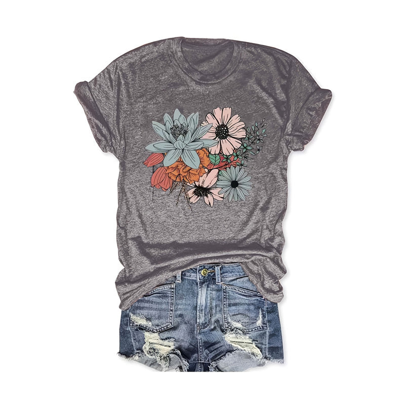 Women's Floral Print Round Neck Tee - Basic Summer Casual T-Shirt