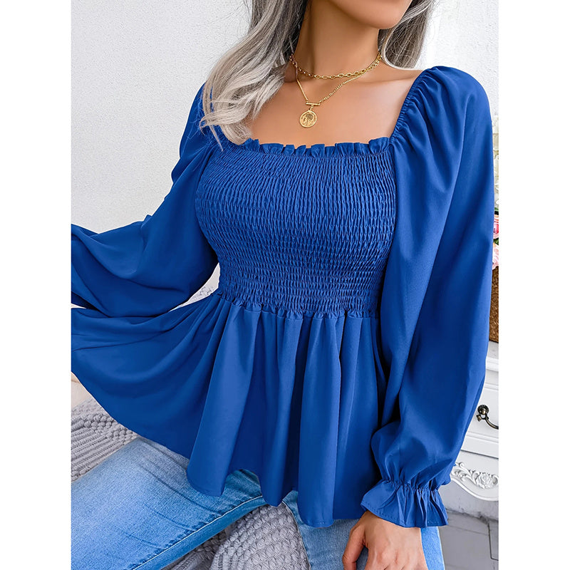 Women's Peplum Tops Square Neck Ruffle Trim Long Sleeve Blouse Smocked Top Dressy Casual Shirts