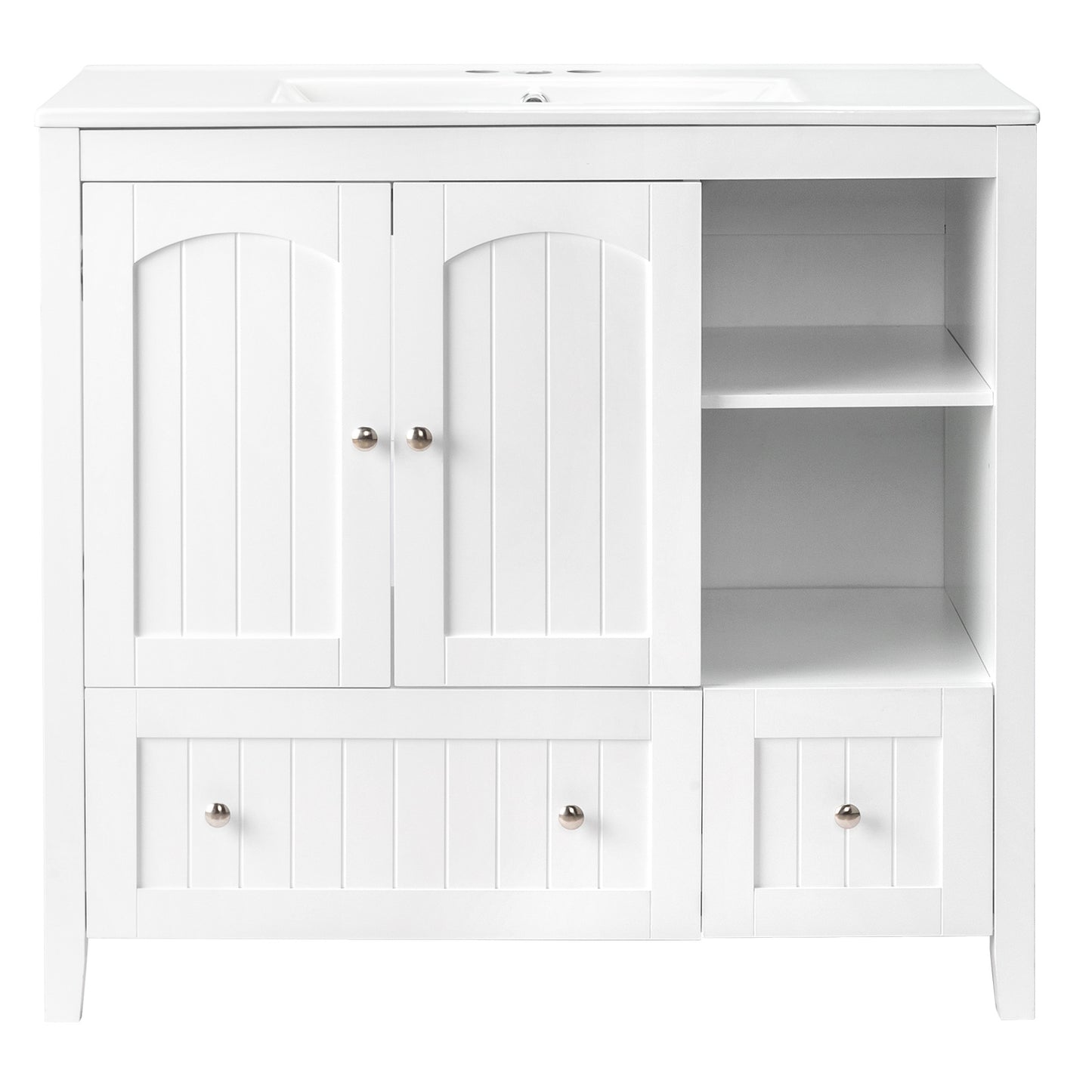 White MDF Painted Double Door Double Drawer With Masking Strip Basin Cabinet 91x46x82cm