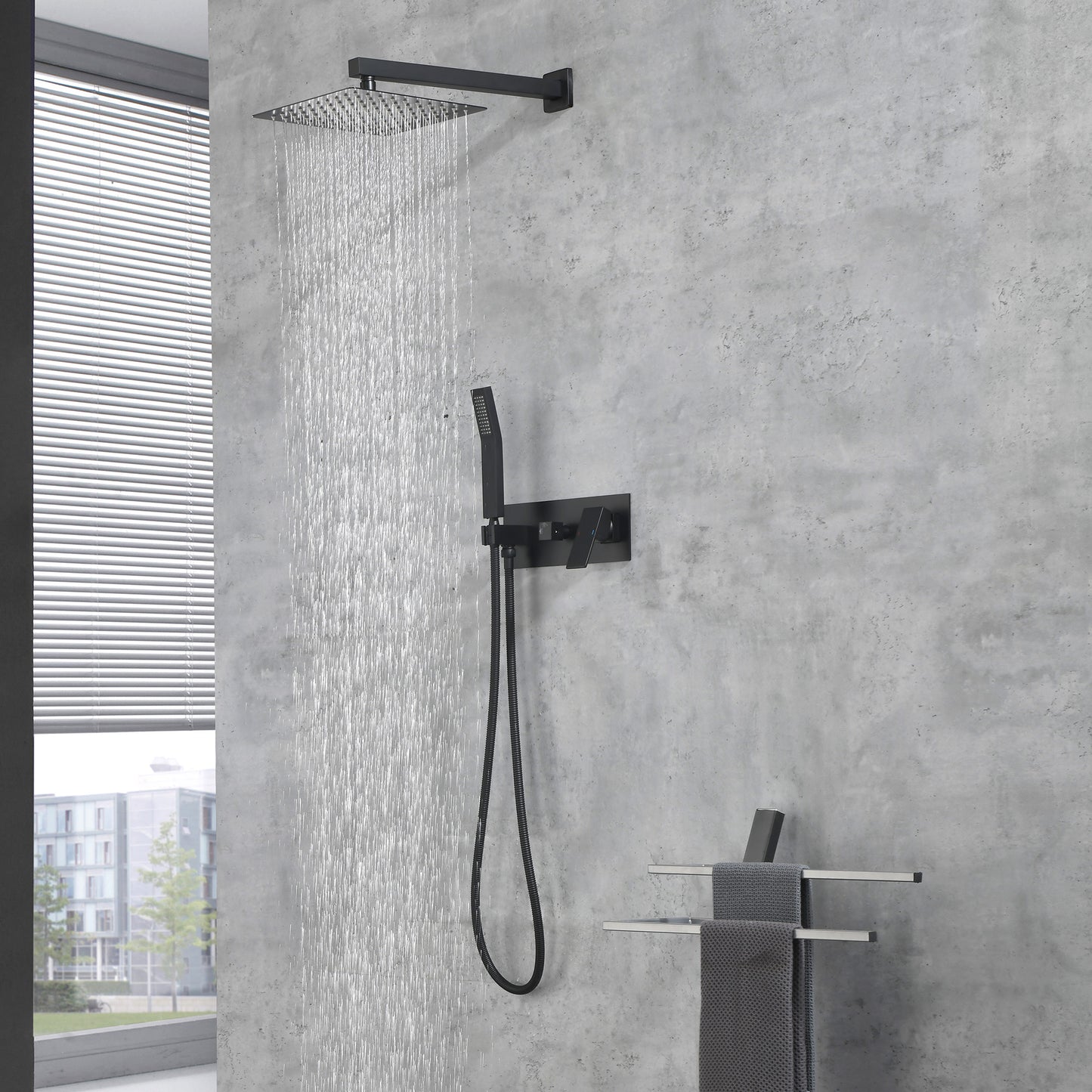Brass Matte Black Shower Faucet With Shower System, 10 Inch Shower Head And Handheld Spray Bathroom Deluxe Faucet Combination