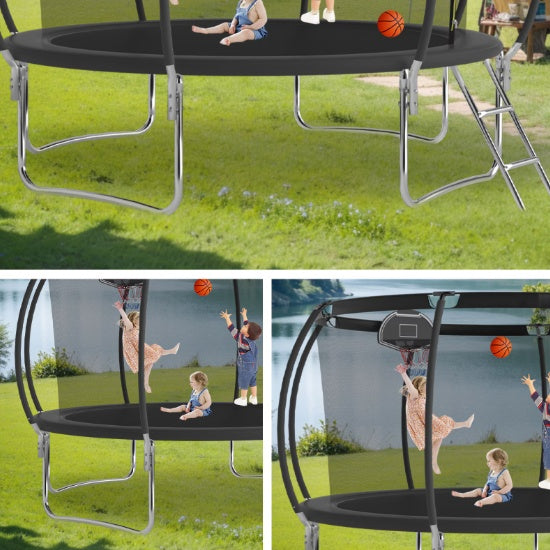 12 FT TRAMPOLINE BLACK PUMPKIN-STYLE SAFETY NET WITH BASKETBALL HOOP
