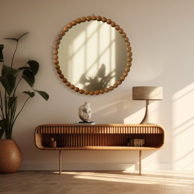 Decorative Round Hanging Wall Mirror With Natural Wooden Bead Design Frame, 32
