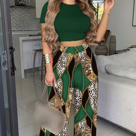 Ladies' Summer Round Neck Petal Sleeve Vest And Pants Two-piece Set Leopard Print Shirt Set