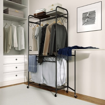 Multi Functional Laundry Hamper Organizer With Hanging Rail And Storage Shelf Rolling Laundry Cart With Wheels, Heavy Duty Metal Frame For Bathroom, Laundry Room, Or Bedroom Organization