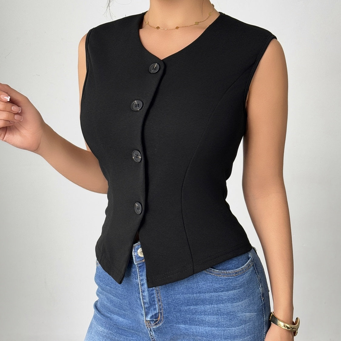Ladies' Fashionable Temperament Sleeveless Front Button Simple Commuting Fashion Versatile Coat Vest