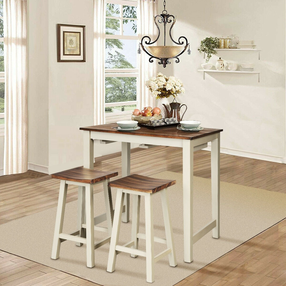 Counter Height Pub Table With 2 Saddle Bar Stools