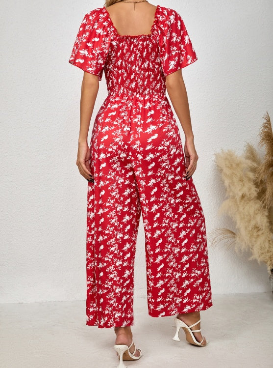 Ladies' Printed Square Neck Fashionable Loose Vacation Style Jumpsuit