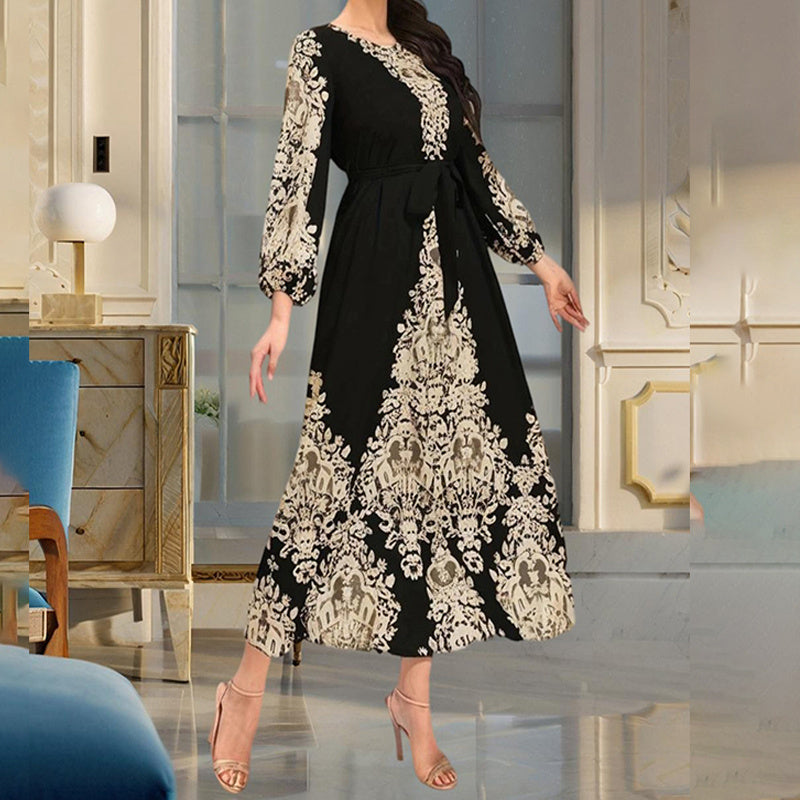 Women's Bohemian Floral Print Dress Ethnic Middle Eastern Style Long Sleeve Tiered Maxi Dress With Drawstring Waist